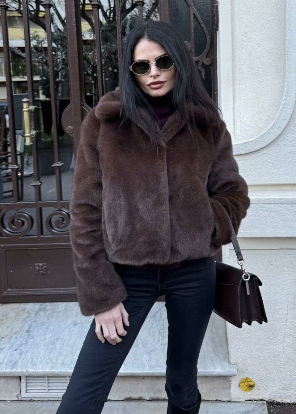 Plush Faux Fur Short Coat – Dark Brown