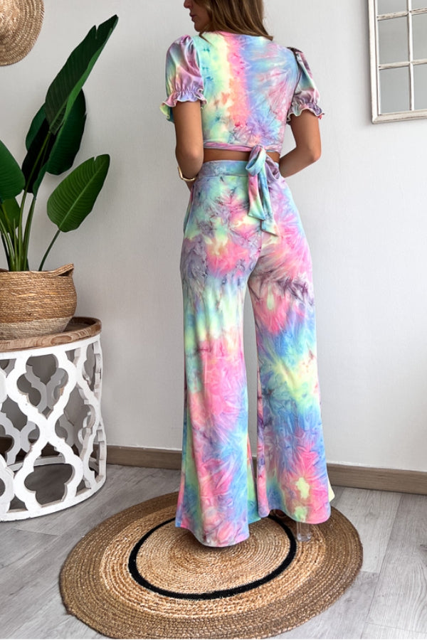 Floral Print V Neck Short Sleeves Crop Top Elastic Waist Wide Leg Pants Set