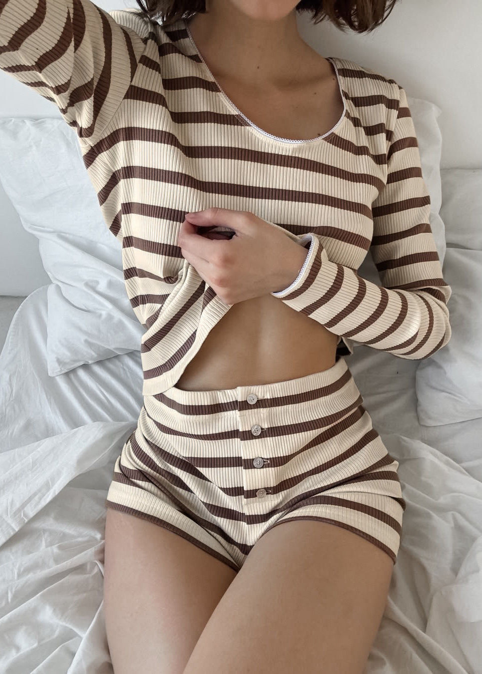 Striped Long Sleeve Top and Button-Front Shorts Set