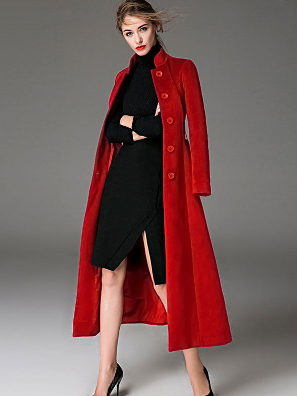 Wool Blend Coat Burgundy Belted Stand Collar Slim Fit Winter Outerwear For Women In Solid Color 2026