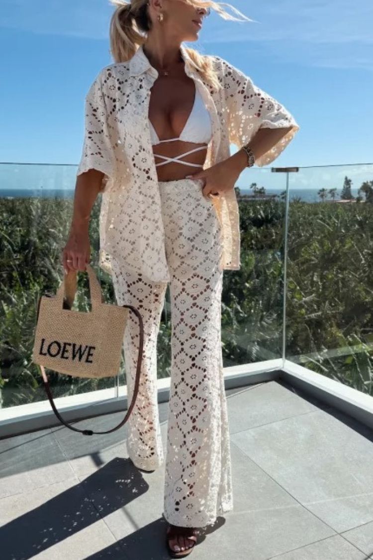 Holiday Crochet Flowers Lace Short Sleeve Shirt and Elastic Waist Wide Leg Pants Set