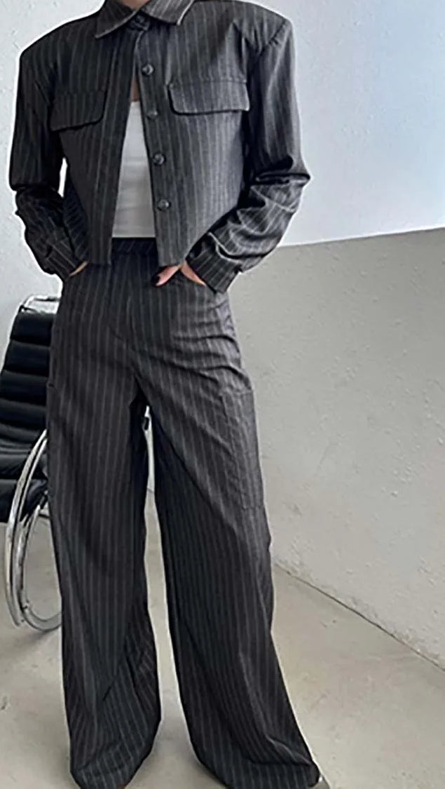 Grey Print Pockets Button Pants Office Two Piece Set