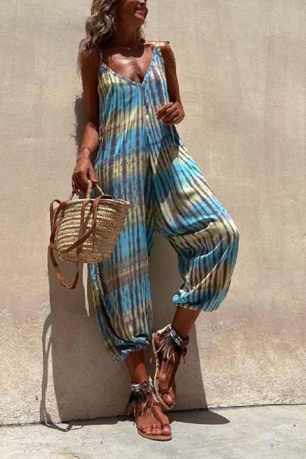V-neck Printed Loose Lace-up Jumpsuit