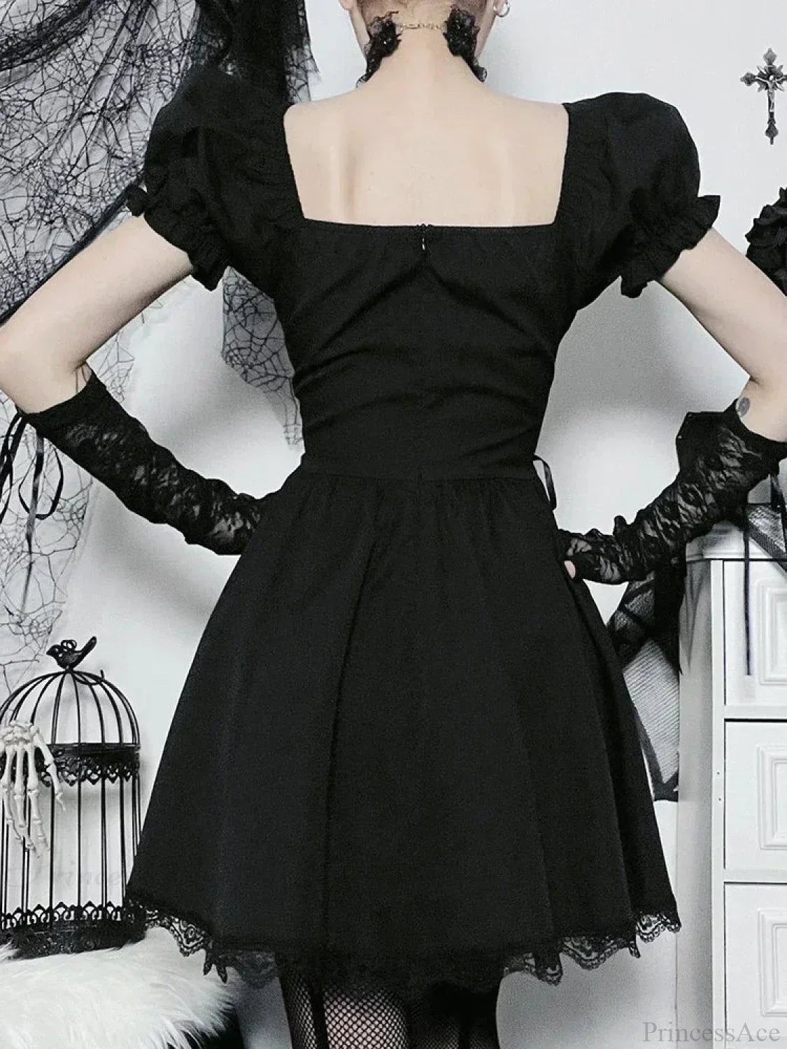 Floral Embroidery Sweetheart Lace Up Corset Puff Sleeve Lace Trim Mini Dress