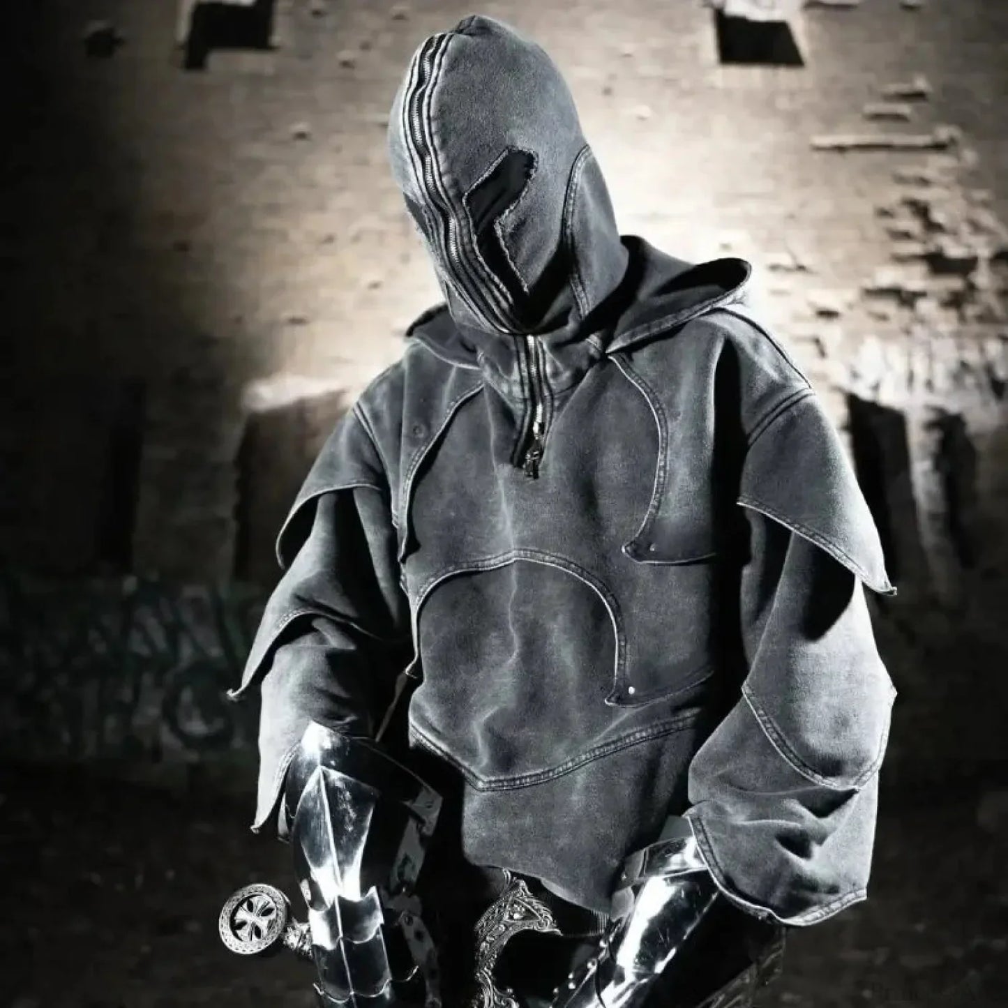 Dark Denim Patchwork Pullover Hoodie