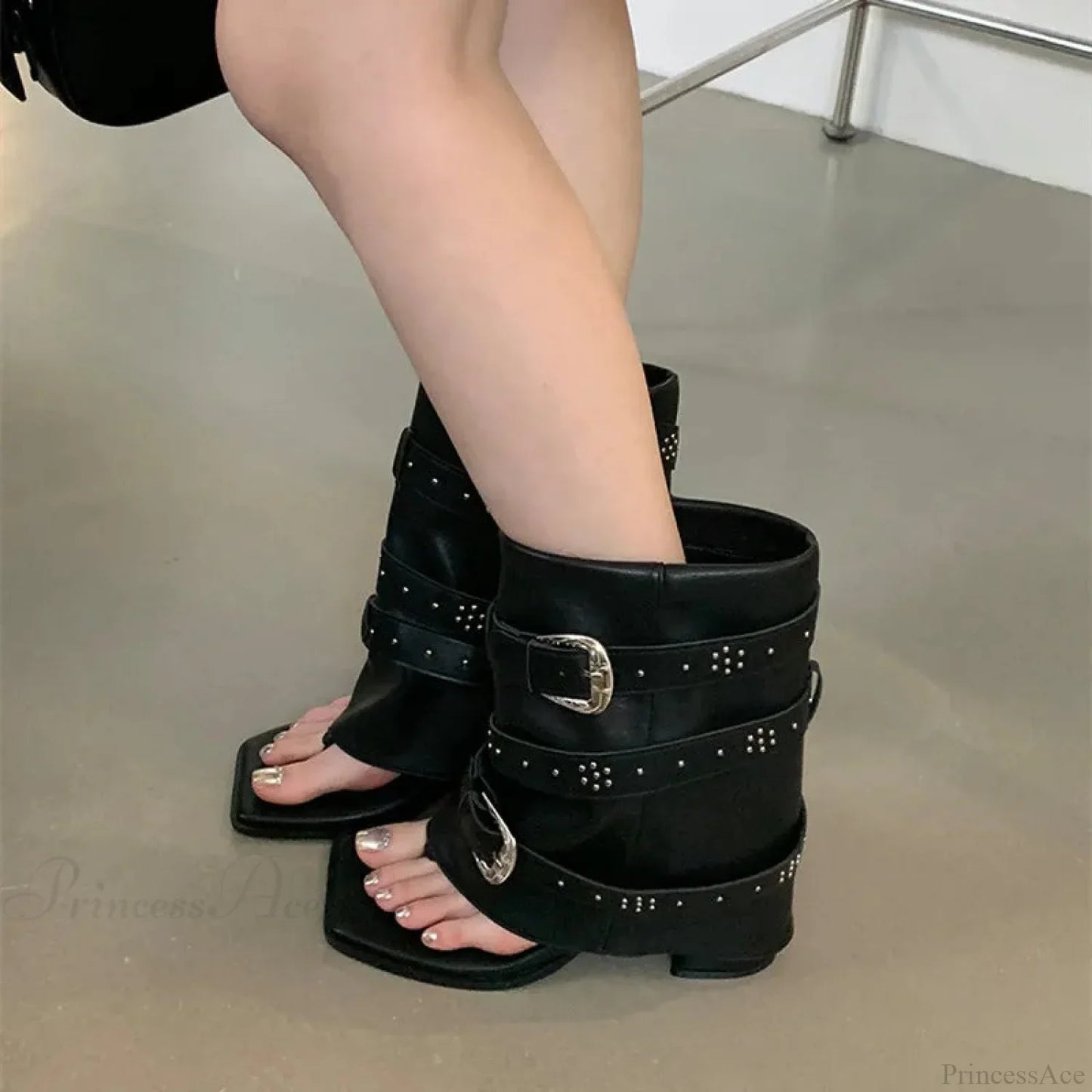 Dark Wedge Ankle Boot with Metal Clasp