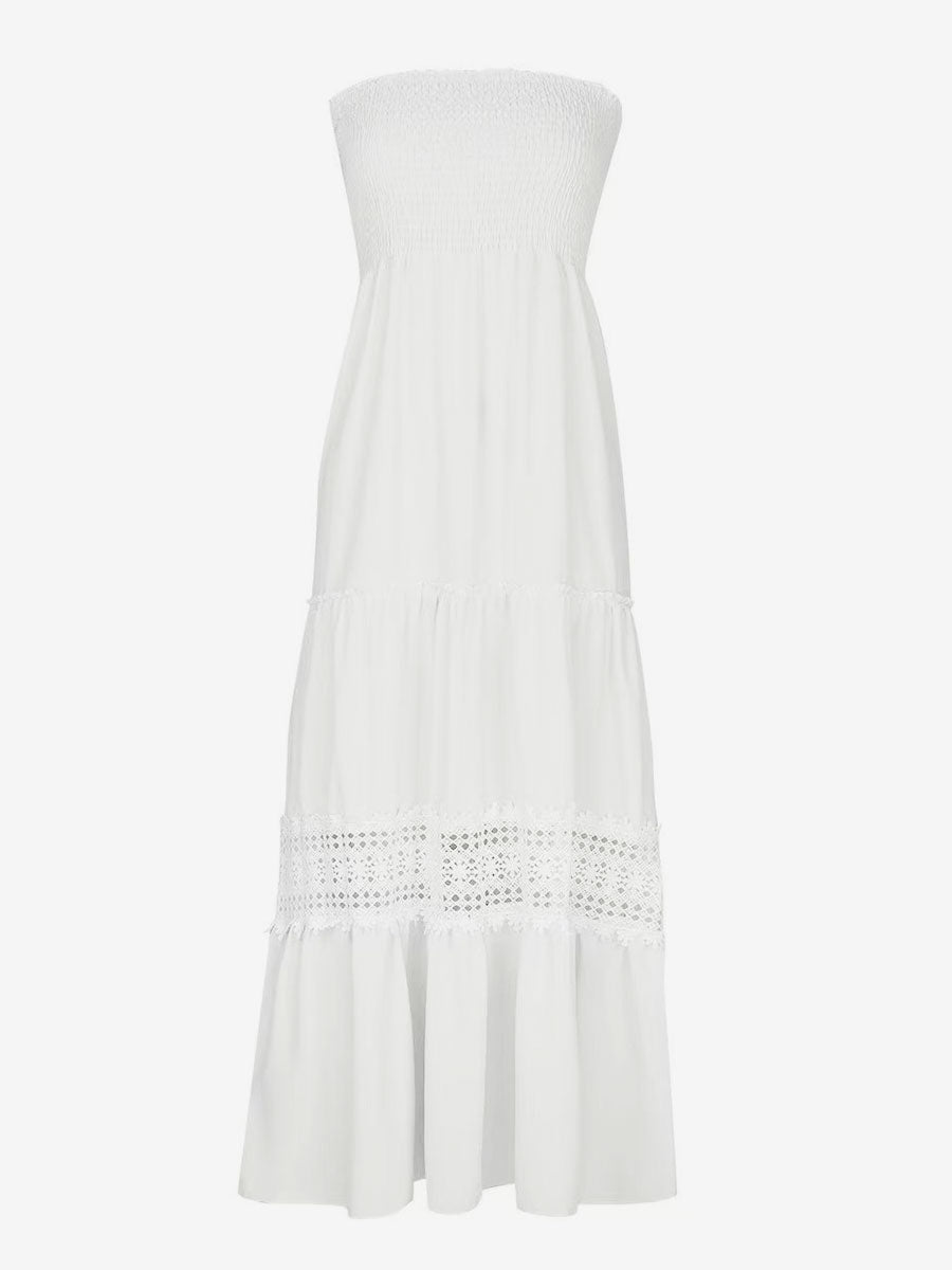 Strapless Smocked Maxi Dress for Women - Boho Crochet Lace Tiered Tube Dress - Summer Beach Resort 2026
