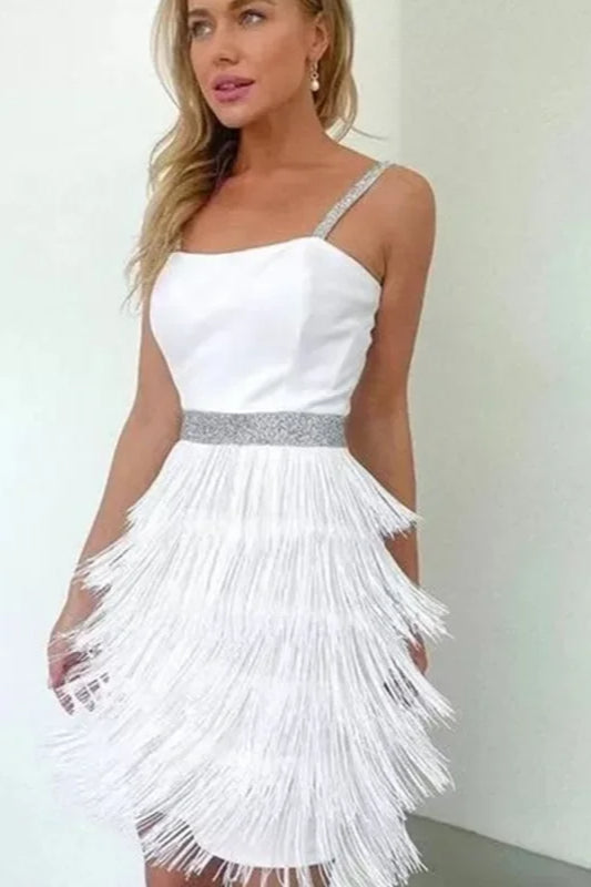 Sequin Strap Square Neck Tiered Fringe Cocktail Mini Dress