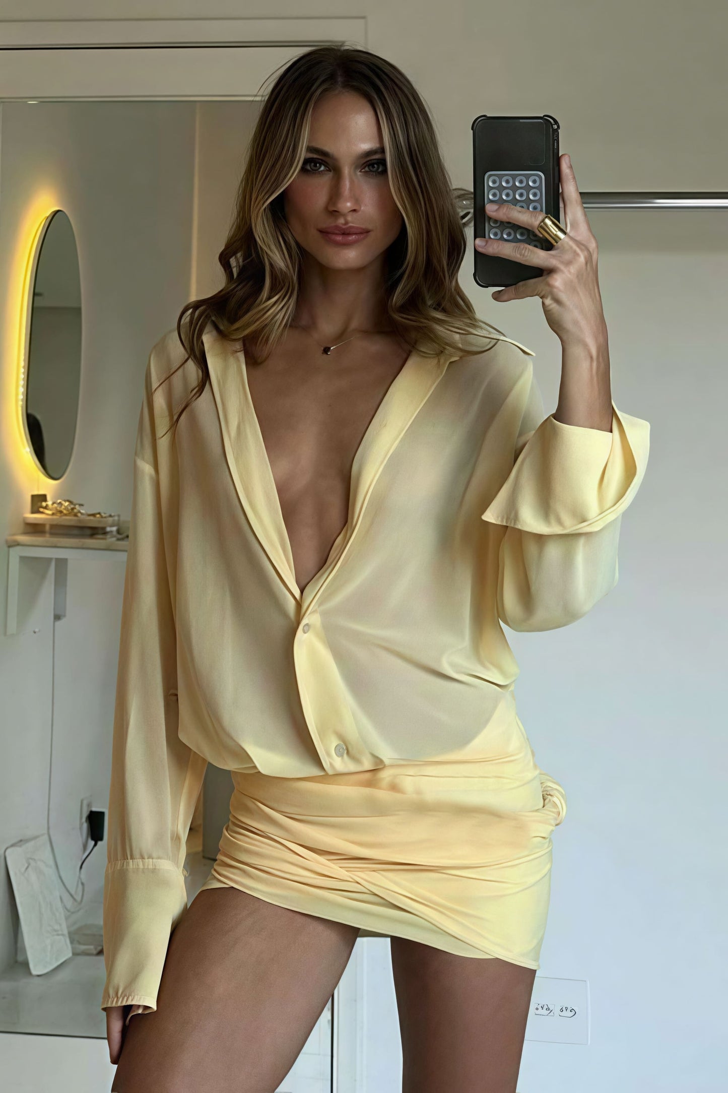Sheer Button Down Blouse and Ruched Wrap Mini Skirt Set