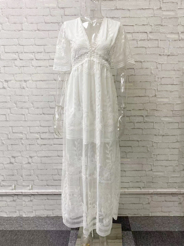 White Lace Boho Maxi Dress for Women - V Neck Short Sleeve Sheer Long Dress - Summer Beach Bridal Resort Wear 2026