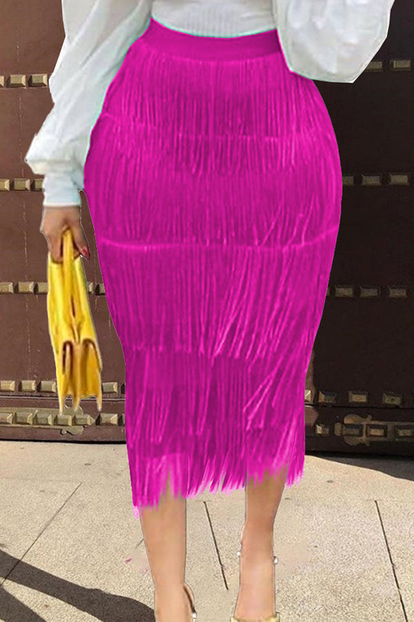 SOLID COLOR HIGH WAIST ELASTIC WAIST PLEAT FRINGED SKIRT