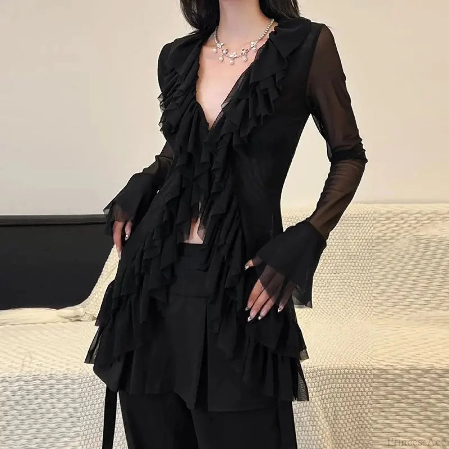 Deep-neck Long Sleeve Frill Blouse