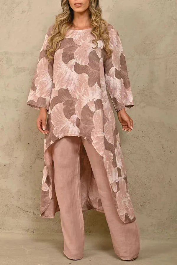 Exquisite Floral Print Crew Neck Paneled Pant Suit