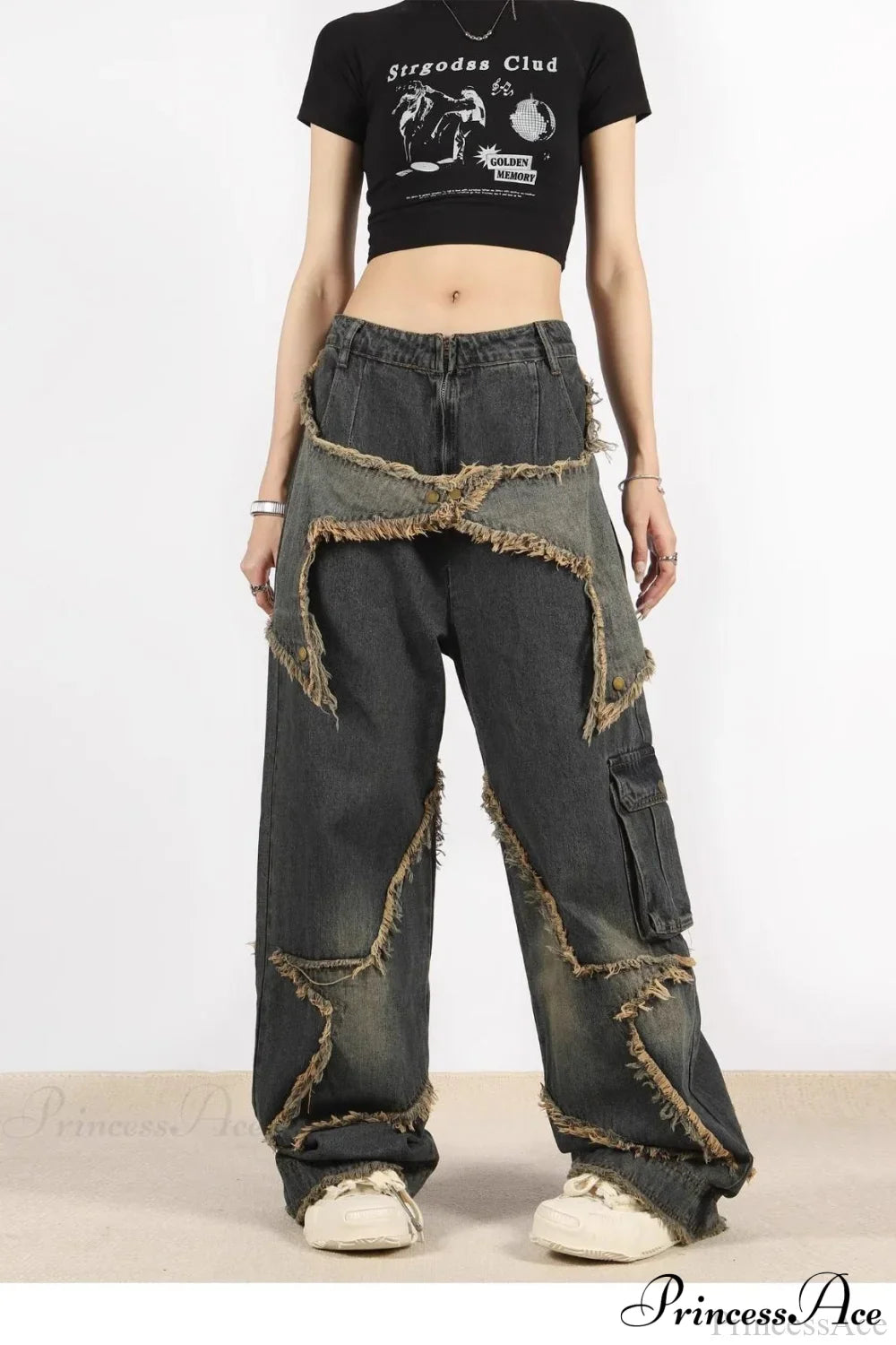 Distressed Frayed Star Straight Leg Hip Hop Jeans