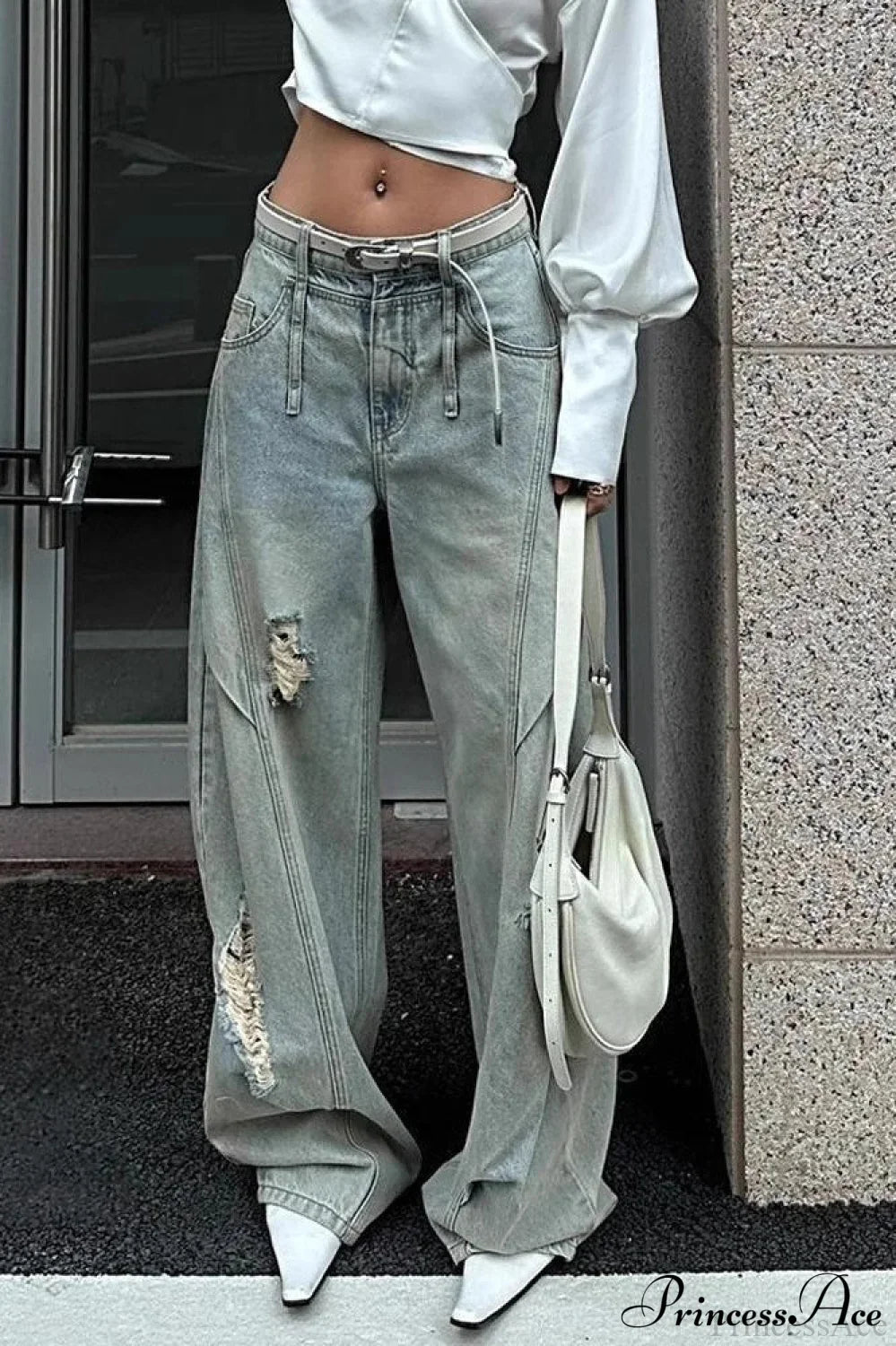 Distressed Ripped Relaxed Curved Leg Jeans