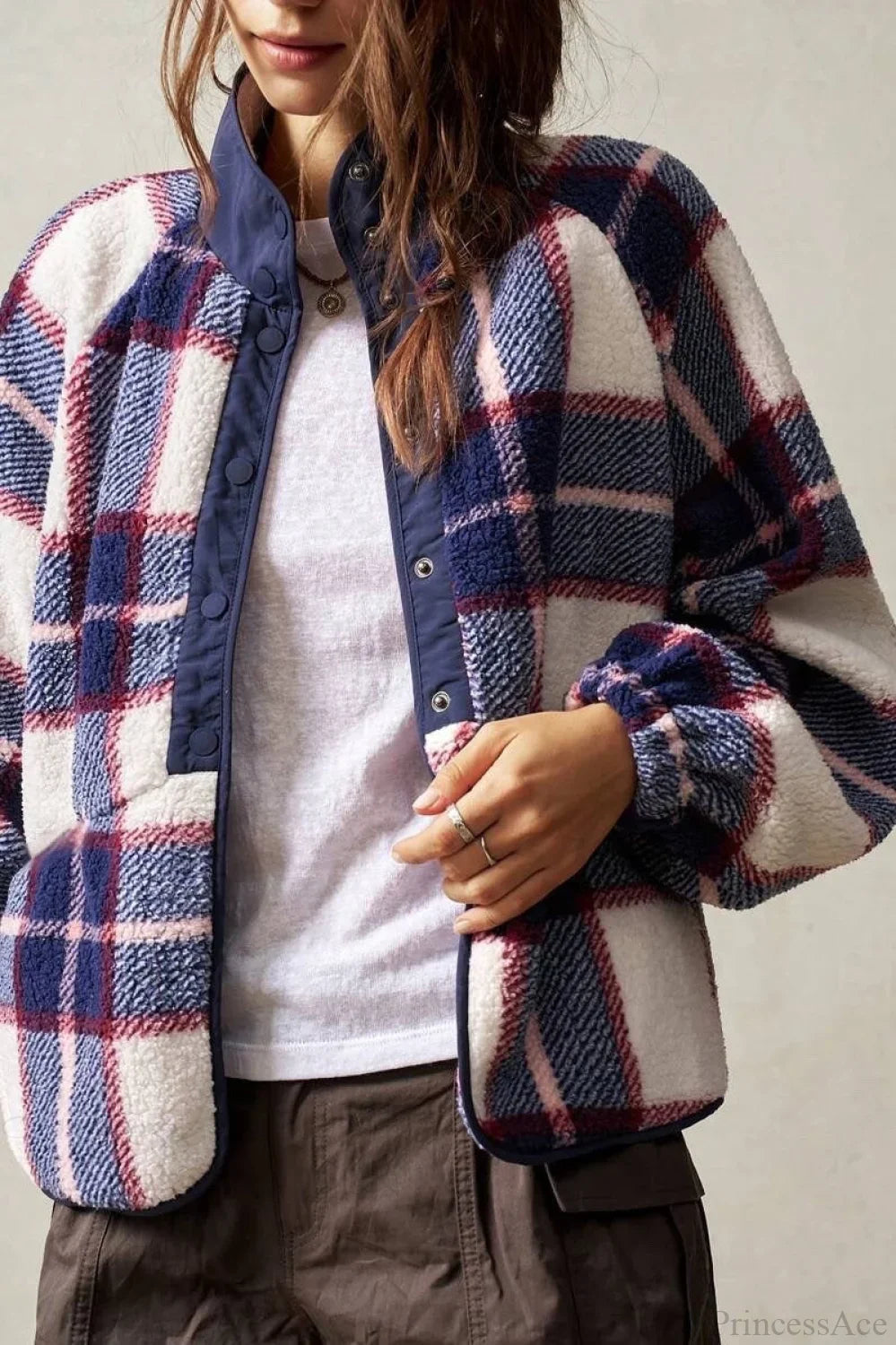 Double-Fleece Plaid Wool Long Sleeve Jacket