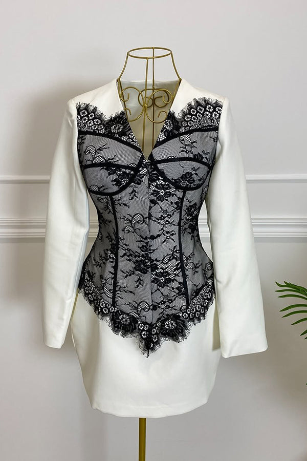 Saela Contrast Lace Corset Design V-neck Long Sleeve Tulip Mini Dress