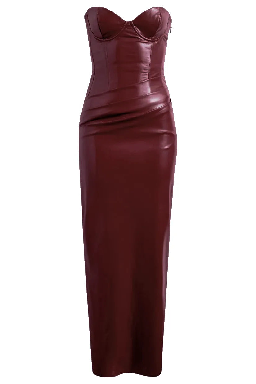 Denise Strapless Ruched Faux Leather Maxi Dress