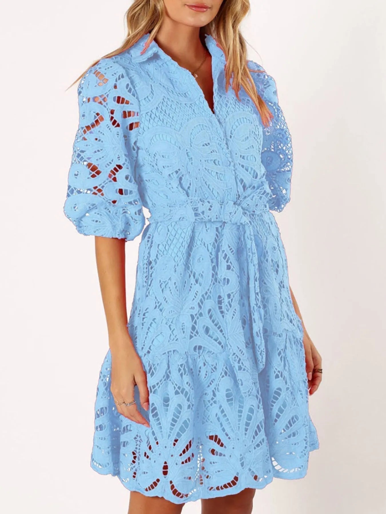 Lace Collar Shirt Dress Puff Sleeve Tie Waist Tiered Midi Dress