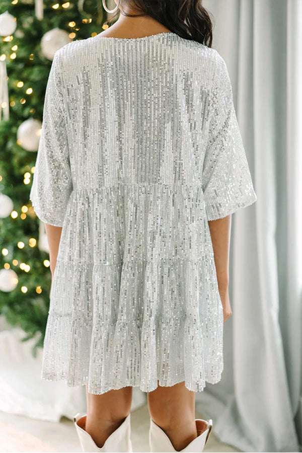 Silvery Party Sequin Half Sleeve Round Neck Mini Dress