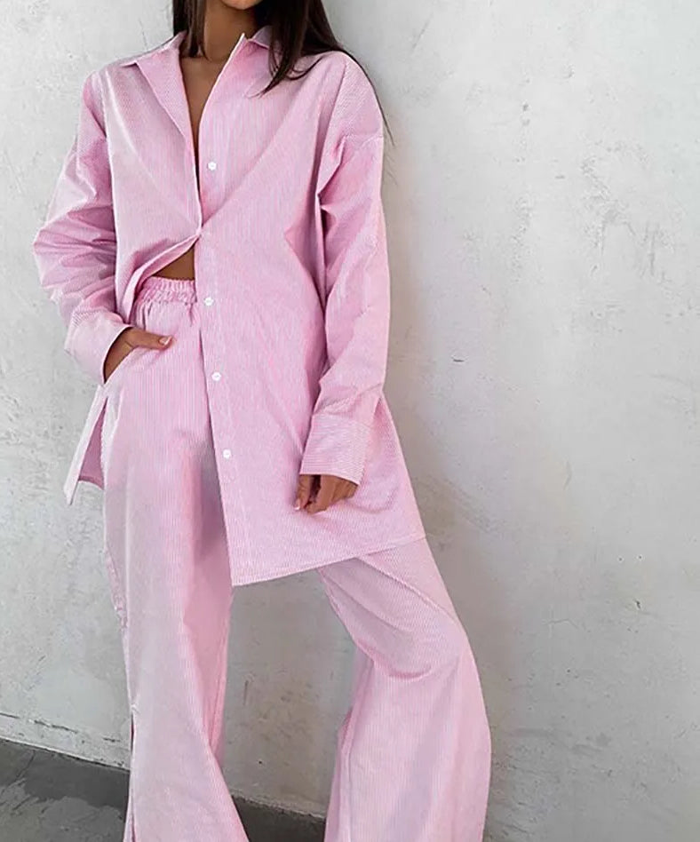 Blue Cotton Print Lapel Straight Pants Office Two Piece Set