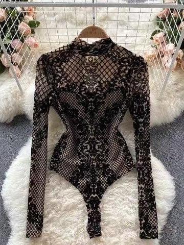 High Neck Mesh Velvet Bodysuit