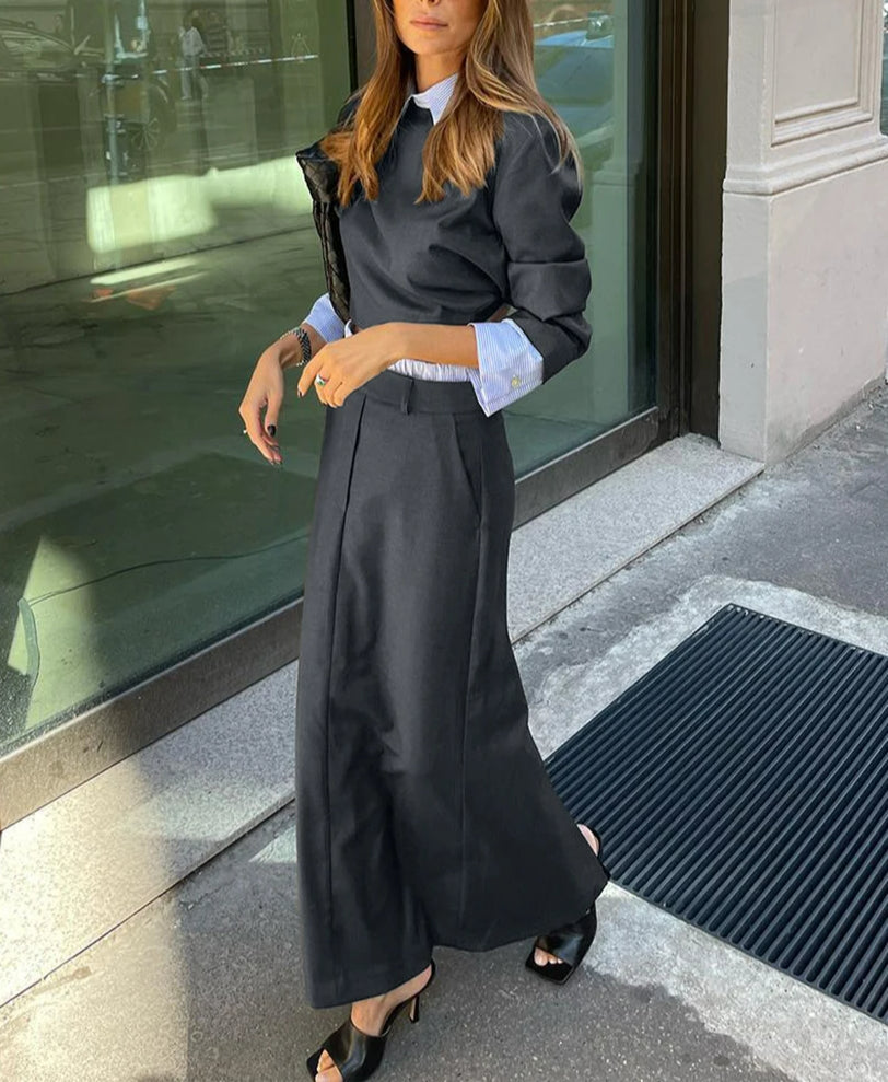 Gray Long Sleeve Crop Skirt Office Two Piece Set