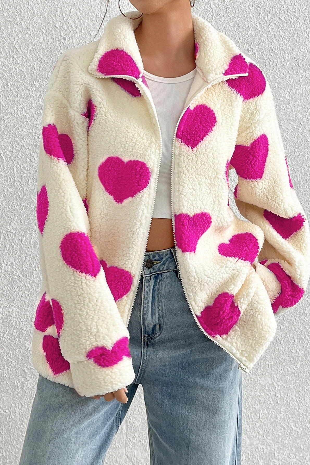 Fuzzy Heart Print Oversized Long Sleeve Zip Coat