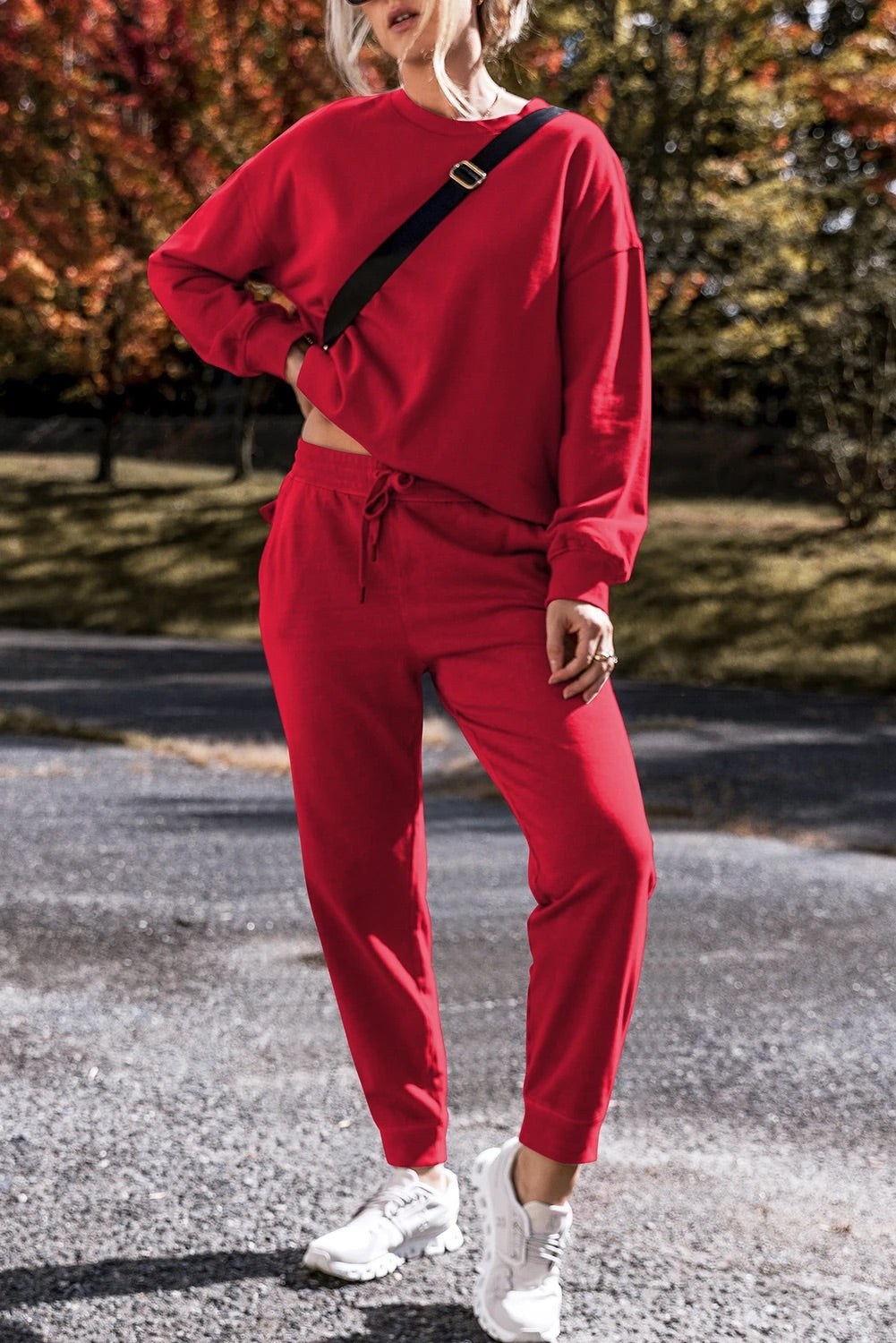 Racing Red Solid Color High Low Pullover and Pants Set
