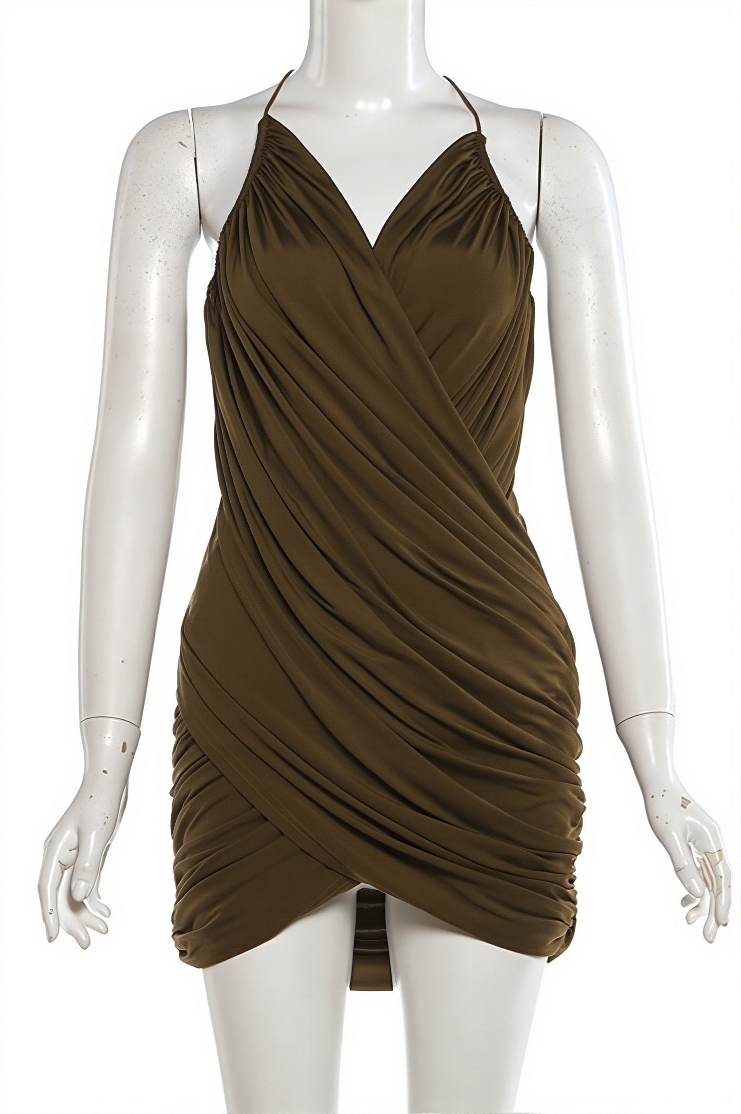 Ruched Draped Halter Plunge V-Neck Wrap Mini Dress