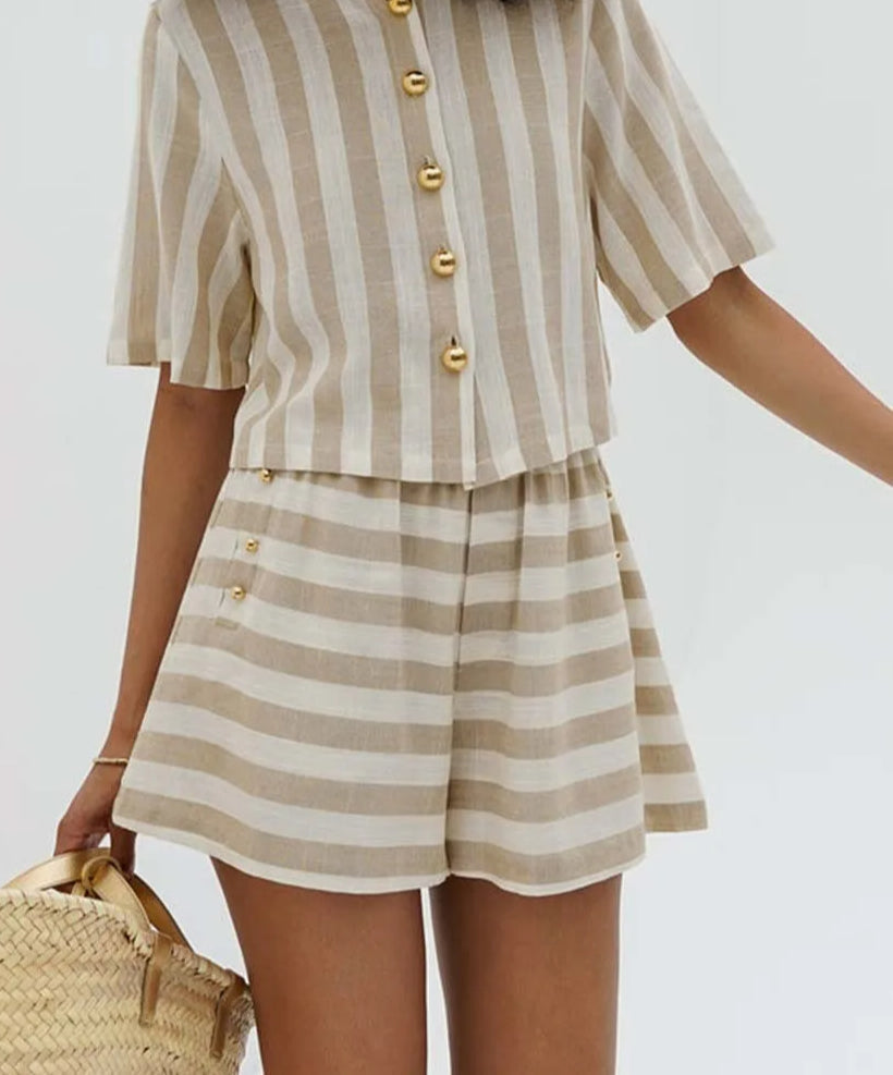 Apricot Striped Short Sleeve Shorts Office Two Piece Set