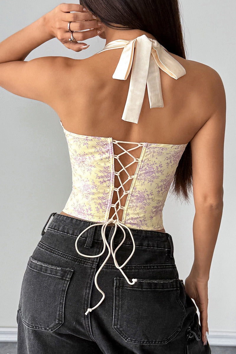 Sexy Ruffle Print Halter Bustier Halter Top