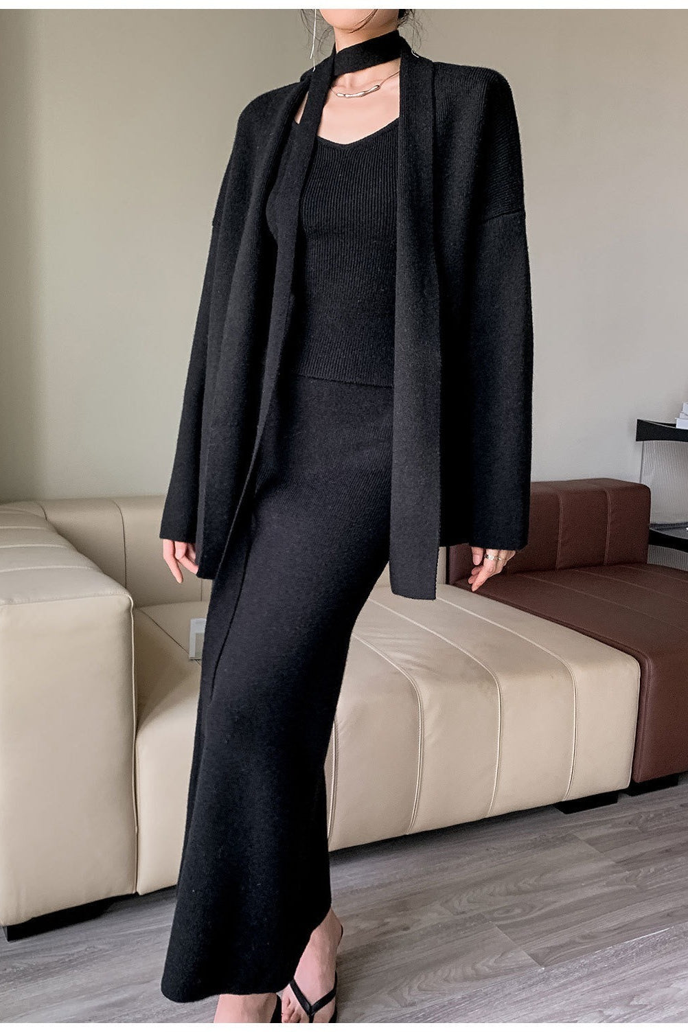 Ribbed High-End Knit Cardigan Tank Wide-Leg Pants Three Piece Set