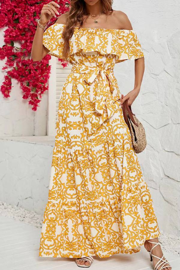 Off-shoulder short-sleeved printed ruffled maxi dress