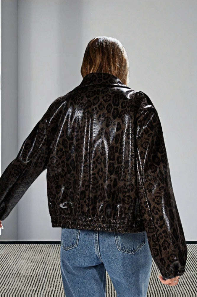Vintage Leopard Trim PU Jacket