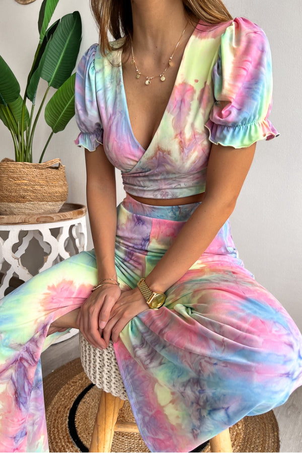Floral Print V Neck Short Sleeves Crop Top Elastic Waist Wide Leg Pants Set