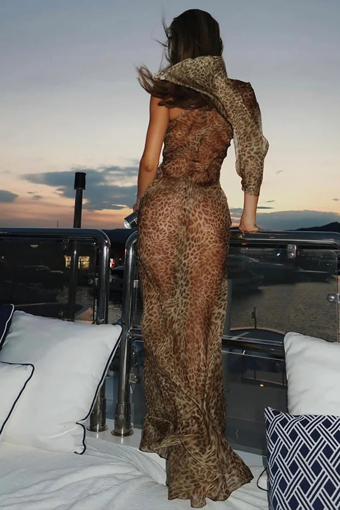 Leopard Print Sexy Spice Girl Slanted Shoulder Maxi Dress