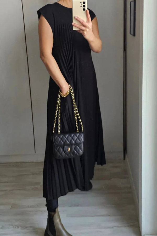 Sleeveless Pleated Simple Solid Color Dress
