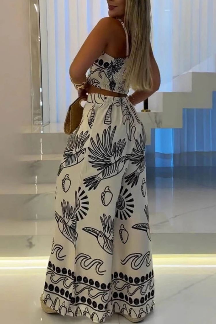 Elegant And Unique Ethnic Print Suspender Top And Wide-Leg Pants Set