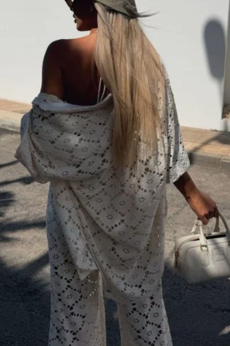 Holiday Crochet Flowers Lace Short Sleeve Shirt and Elastic Waist Wide Leg Pants Set