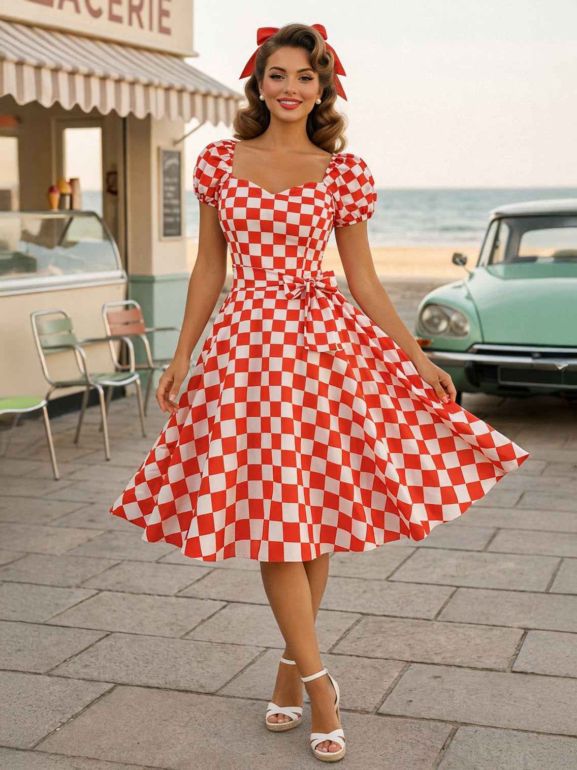 Retro Glamour Dress Sweetheart Neck Puff Sleeves Polka Dots Casual Long Dresses