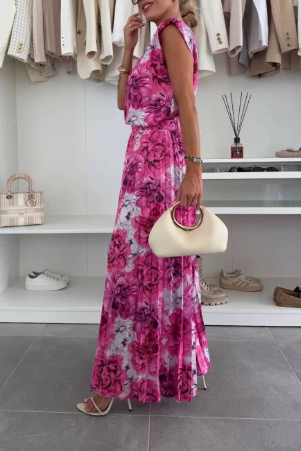 Fashionable Round Neck Shoulder Pads Top and Elastic Waist Pleated Wide-leg Pants Set