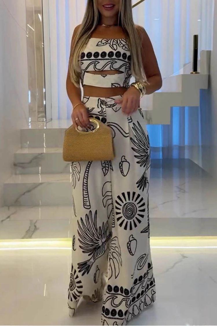 Elegant And Unique Ethnic Print Suspender Top And Wide-Leg Pants Set