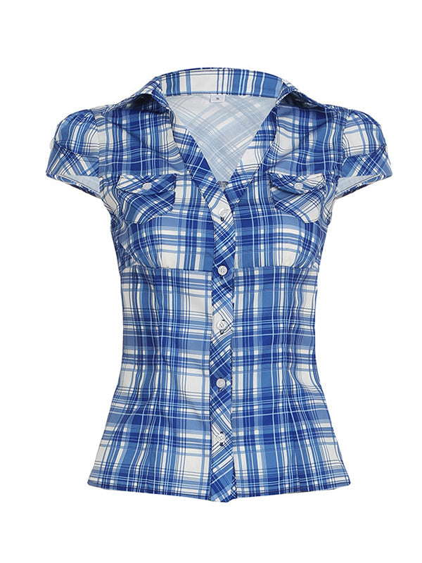 Blue Vintage Plaid Print Short Sleeves Shirts