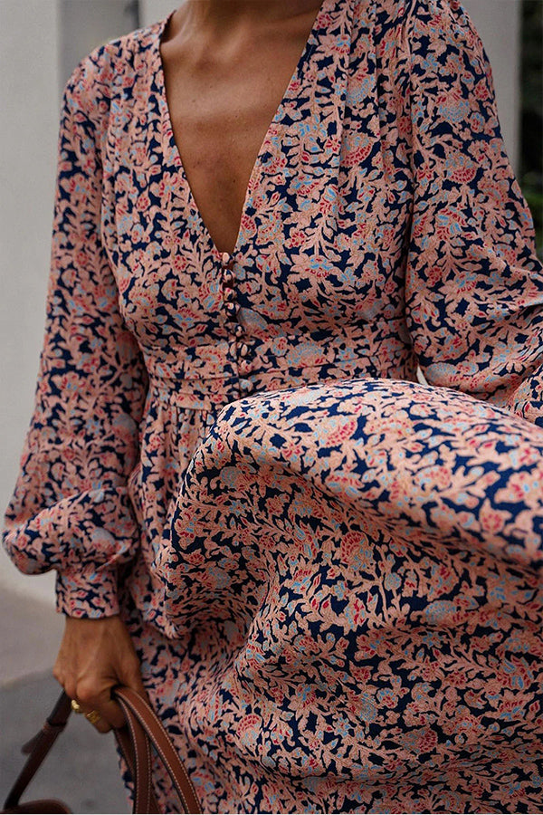 Multicolor Floral Print Buttoned Plunge Neckline Maxi Dress