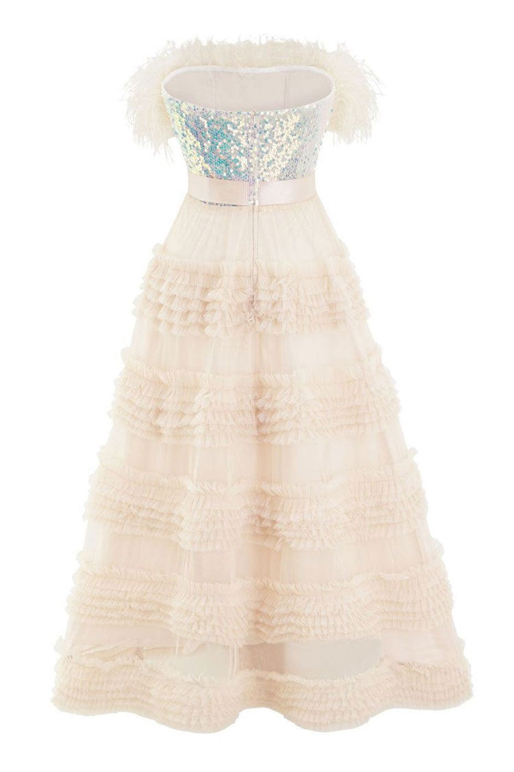 Feather Trim Sequin Strapless Tiered Ruffle Tulle Belted Maxi Gown