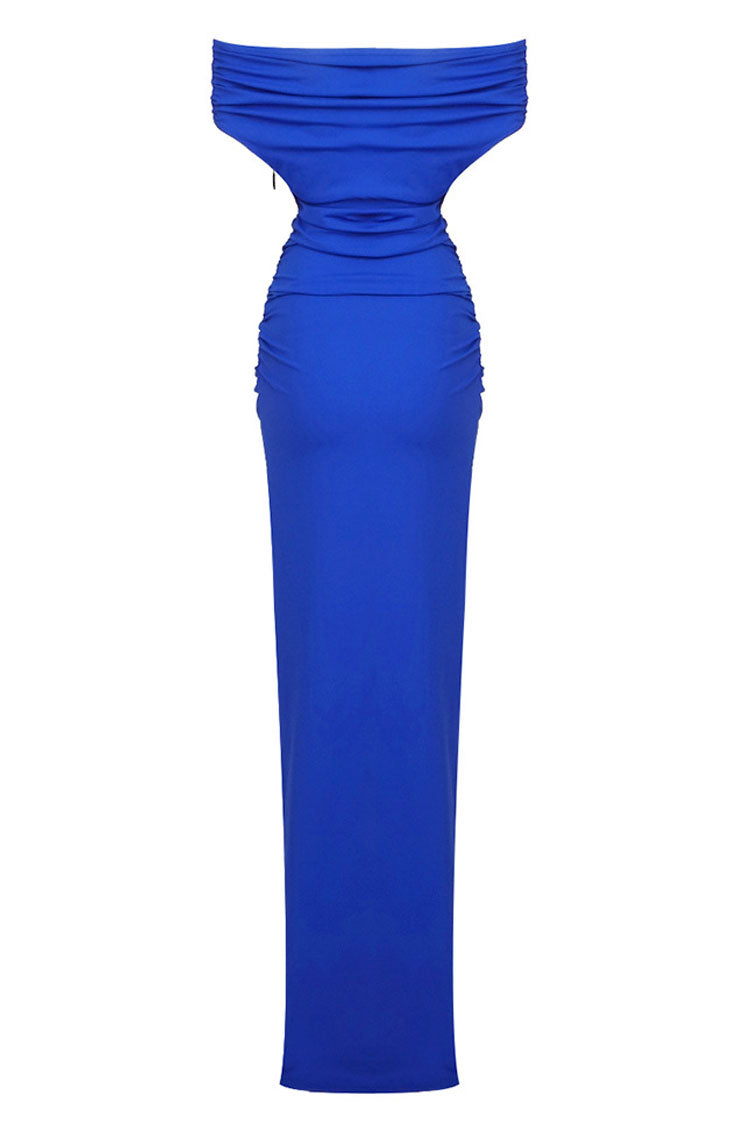 Off-Shoulder Ruched Side Slit Opera Glove Maxi Dress