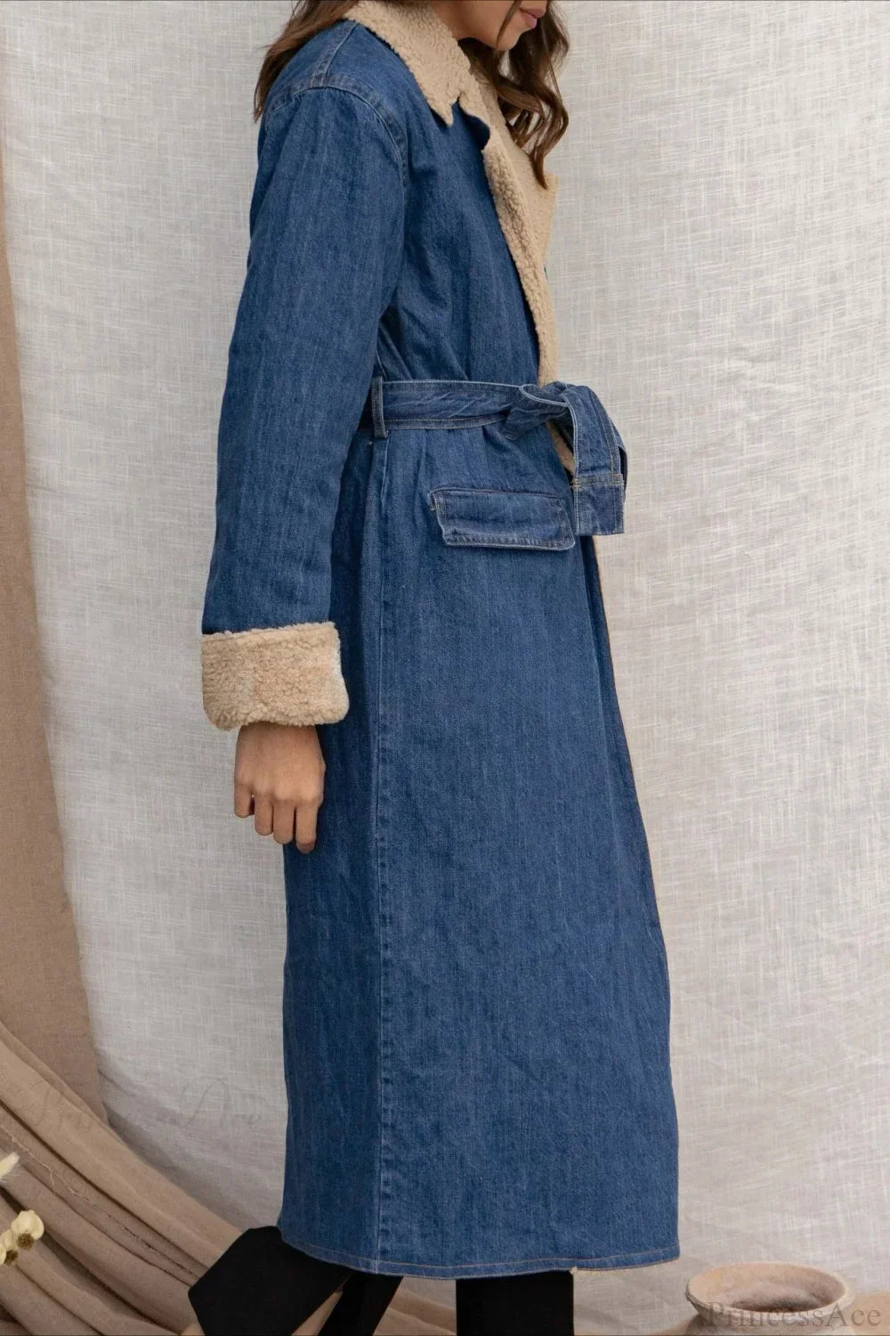 Elegant Sherpa Tie Waist Dual Pockets Denim Overcoat