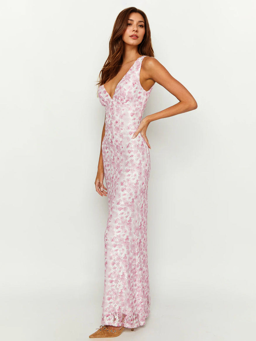Sleeveless Lace Maxi Dress With Deep V-Neck And Open Back For Summer 2026