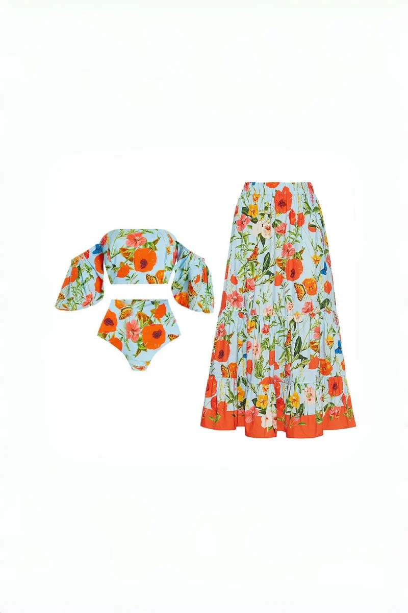 Floral Puff Sleeve High-Waist Bikini Set